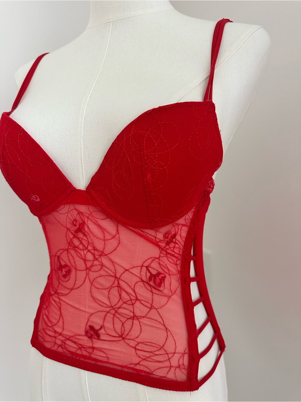 Vintage Red Lace Bustier Corset Top - Women's Intimates #022
